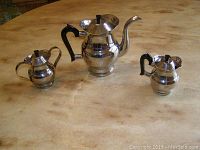 Set of three polished stainless steel tea pot, sugar bowl and creamer with black handles and lids on wooden table.