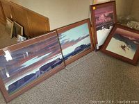 Four framed prints arranged on carpeted floor showing various landscape and nature themes including two panoramic prints and two smaller framed prints.