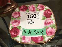 Stack of 8 Royal Albert Old English Rose square plates with gold trim and rose floral pattern around the edges, listing the size as 6 3/4 x 6 3/4 inches.