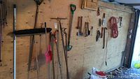 Wide view of the tools hanging and leaning against a wooden wall including rakes, brooms, shovel, and other hand tools
