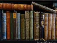 Shelf view showing a variety of vintage books including notable titles such as Life of Gladstone and Don Quixote with detailed spines.