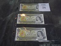 Front view of three Canadian one dollar bills with consecutive serial numbers in protective sleeves.