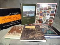 Overall view of six books arranged together, titles visible