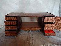 Japanese vintage modular desk topper assembled showing left and right drawer units with parquet inlay drawer fronts and connecting desk surfaces.