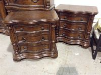 Two wooden night stands showing front, side, and decorative metal handles