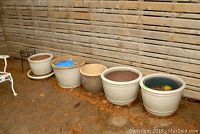 Floor setup with five ceramic planters and black wire plant stand against wood panel background