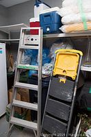 Overview photo showing 6 ft aluminum ladder standing next to a yellow Cosco step ladder, coolers stacked on shelves, and various stored items around.