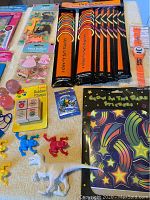 Image showing assortment of glow in the dark bracelets and necklaces, rubber stamps, small toys including dinosaurs and frogs, party supply bags, and decorate your own frames.