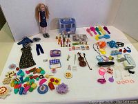 Full view of Skipper doll and all assorted accessories including miniature food, musical instruments, and hair brushes