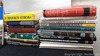 Two stacks of various hardcover and paperback books, titles include Wings of Fire, Catholic Q&A, Modern Warplanes, Habits That Heal among others.