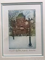 Close-up image of the limited edition print depicting a brick building and lamp post in snowy park scene with title and signature in pencil below.