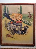 Full framed vintage print depicting children driving a small vintage car with animals on the roadside.