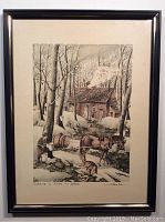 Frontal view of framed artwork showing winter scene with sugar shack, horse, and person with barrel.