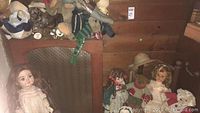 Photo showing assorted dolls and stuffed animals on and around wooden furniture pieces including a doll high chair and bench.