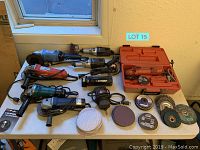 Wide view of all corded tools and accessories on table