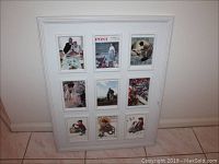 Front view of white collage frame containing nine miniature Norman Rockwell prints arranged in three rows and three columns.