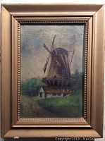 Full view of the oil painting depicting a windmill, house, and greenery within a gold frame.