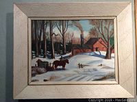 Oil painting in textured cream frame depicting winter landscape with horse, sled, two workers, and smoke-emitting building