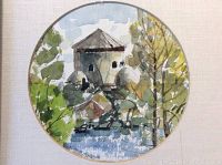 Circular watercolour painting depicting Murney Tower Kingston with etched signature.