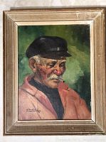 Framed oil on canvas painting portrait of elderly man smoking, showing overall condition and frame.