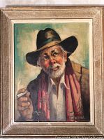 Frontal view of the signed oil painting featuring an elderly man in a hat and red scarf, showing colors and condition of the canvas and frame.