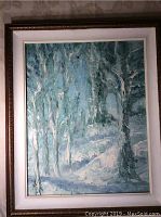 Full view of the framed oil painting showing a winter landscape with textured brushstrokes in blue and white hues.