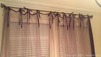 Lavender sheer curtains with ties on rod, with blue and purple taffeta trim along top and edges shown hanging full length on rod