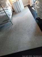Wide view of rug under bed and side table