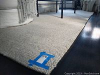 Low-angle view of silver loop pile rug under coffee table and seating