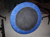 Top-down view of mini trampoline showing blue padded perimeter and black jump surface