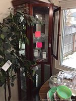 Full view of cherry finish china cabinet with glass doors open showing several pieces of glassware inside and a plant to the left.