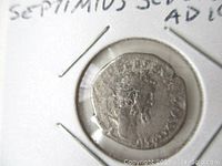 Front side close-up of a Septimus Severus silver denarius coin, showing detailed profile and inscriptions