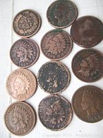 Collection of 11 Indian Head pennies arranged on a white surface, showing various ages and wear.