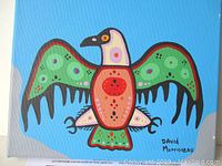 Full view of painting “Thunderbird” showing bird motif on blue background