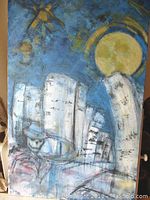 Full view of the 20th-century surrealist street scene oil painting showing abstract buildings, a skeletal figure, sun and moon elements.