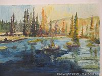 Full front view of the oil painting showing landscape of trees and water with detailed brush strokes.