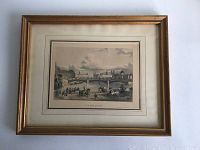 Overall view of the framed vintage lithograph showing the entire piece including frame and matting.