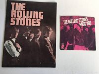 Photo showing both the vintage Rolling Stones magazine with black cover and pink text along with the 'Miss You' 45 single featuring a colored band photo cover.