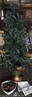 Small artificial Christmas tree with dense green branches in gold urn base shown in living room setting.