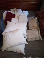 Photo showing various white pillows in zippered cases, folded blankets, and linens on carpeted floor.