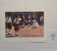 Full view of the signed lithograph titled 'Gaelic Concert' by William Rogers showing musicians in traditional Scottish attire.