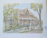 Full frontal of the lithograph print showing house, garden, fence and trees.
