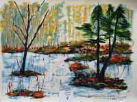 Full view of the lithograph titled Forest showing the pond, trees, signature and numbering by Tadas Zaicikas.