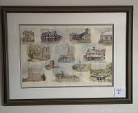 Full view of the custom framed watercolor painting showing multiple buildings and landscapes.
