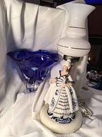 Photo showing the blue Bohemian art glass bowl beside the Victorian figurine table lamp with marble base
