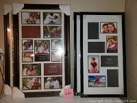 Four collage picture frames leaning against a wall, two brown wood-tone multi-photo frames and two black and white multi-photo frames, all brand new with protective corners.