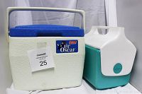 Two coolers side by side showing size and color; Coleman Lil Oscar white with blue lid and Igloo MiniMate aqua blue with white lid