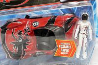 Close-up photo of the Hot Wheels Speed Racer red and black car with number 44 and spider graphic, alongside the white poseable racer figure with helmet