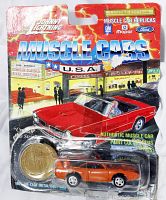 Front of original Johnny Lightning Muscle Cars blister pack with orange die-cast muscle car model and collectible coin in packaging. Red and black muscle car shown on illustrated cardboard backing depicting a coffee shop scene.