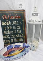 Photo showing the set including the wooden boating wall plaque with humorous definition, white metal outdoor candle light, colorful ceramic fish serving dish, and ceramic fish decoration.